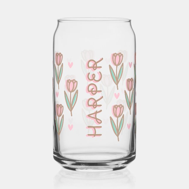 Cute Personalised Name & Pink Tulip Floral Pattern Can Glass (Front)