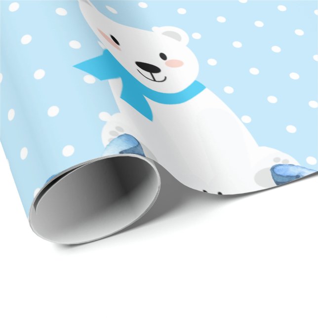 Cute Personalised Name Polar Bear Baby Boy Wrapping Paper (Roll Corner)