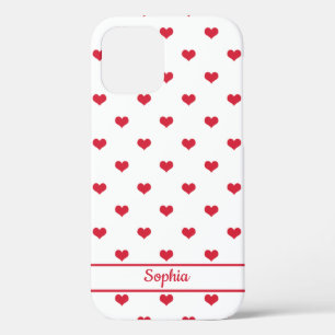 Cute personalised name red white hearts pattern iPhone 12 case