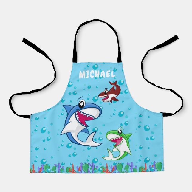 Cute Personalised Name Shark Ocean Sea Animals Kid Apron (Front)