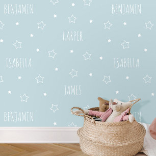 Cute Personalised Name Star Blue Kids Nursery Wallpaper