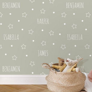 Cute Personalised Name Star Green Kids Nursery Wallpaper