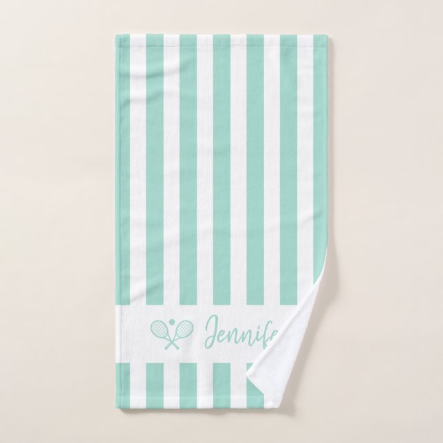 Cute Personalised Name Tennis Aqua Blue Stripes Hand Towel (Hand Towel)