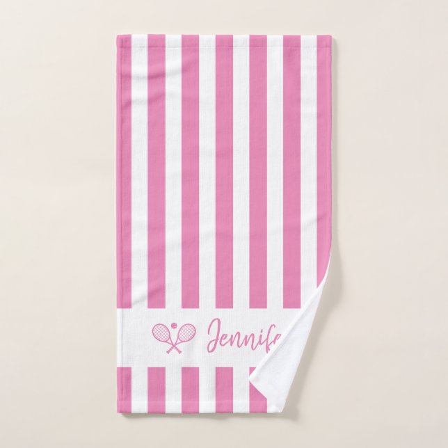 Cute Personalised Name Tennis Pink Stripes Hand Towel (Hand Towel)