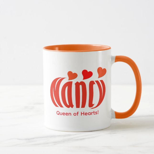 Cute Personalised "Nancy", Red and Orange Hearts Mug (Right)