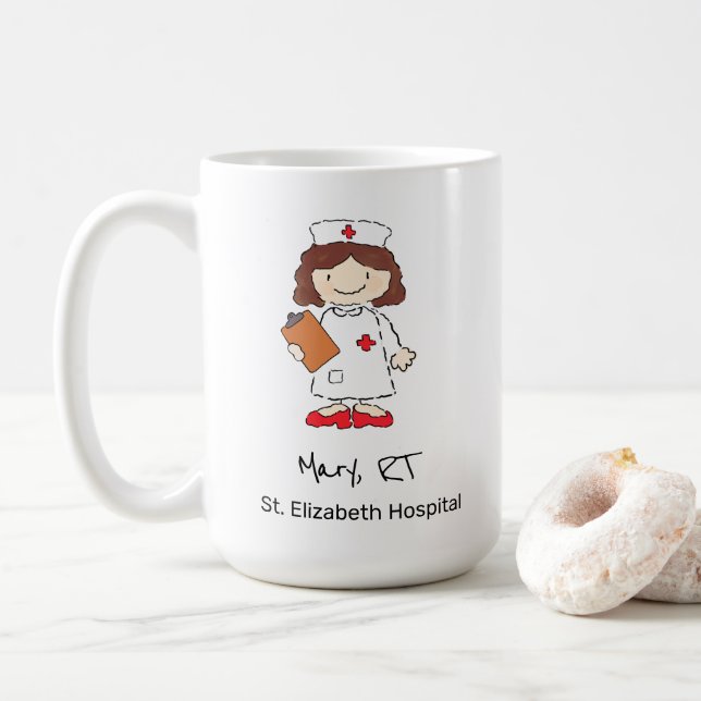 Cute Personalised Nurse Doctor Hand Drawn Cartoon Coffee Mug (With Donut)