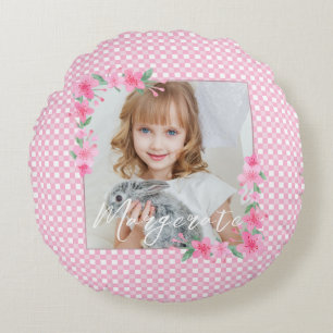 Cute Personalised one Photo Pink Favour Box Round Cushion
