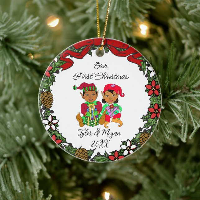 Cute Personalised Our First Christmas Elves Ceramic Tree Decoration (Tree)