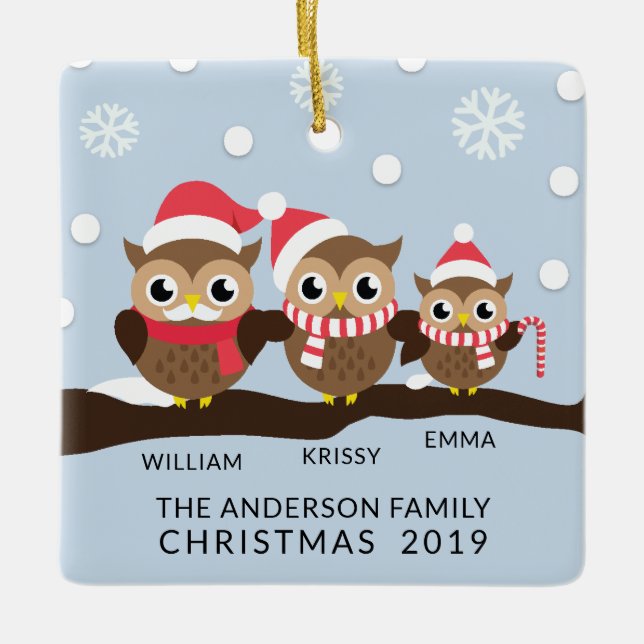 CUTE Personalised Owl Family Of 3 Christmas Ceramic Ornament (Front)