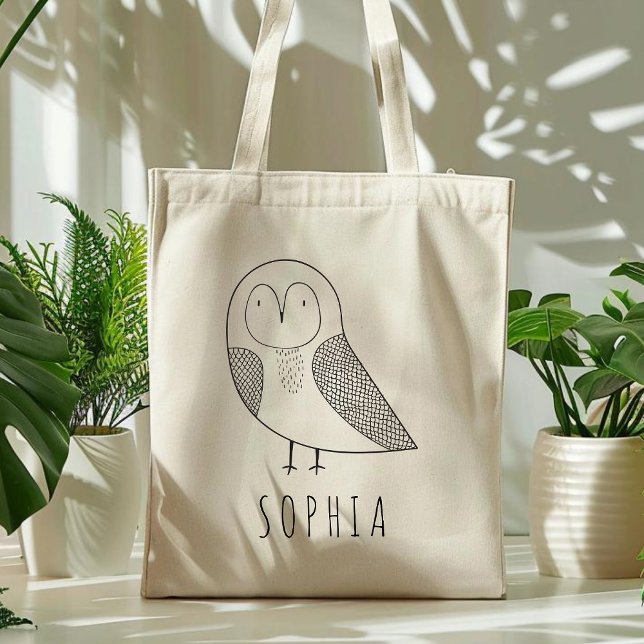 Cute Personalised Owl Kids Black White Tote Bag (Creator Uploaded)