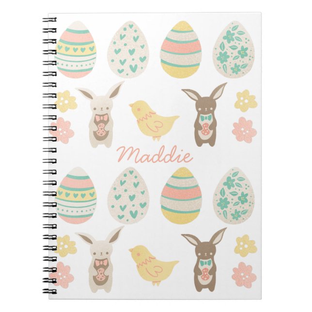 Cute Personalised Pastel Eggs Easter Bunny Notebook (Front)
