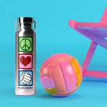 Cute Personalised Peace Love Volleyball Player Water Bottle<br><div class="desc">Peace Love Volleyball water bottle for a sporty girl. A cute gift featuring a peace sign,  heart,  and a person on swim team with your name personalised underneath.</div>