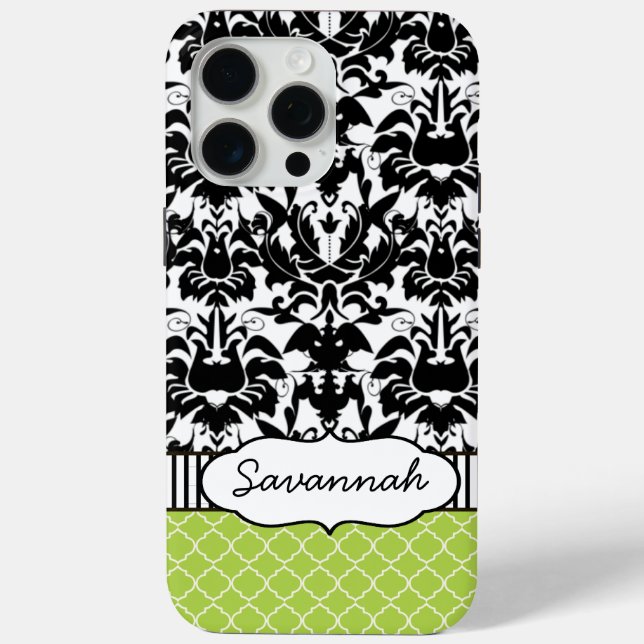 Cute Personalised Peapod Lime Stripe and Damask Case-Mate iPhone Case (Back)