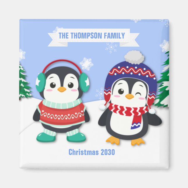 Cute Personalised Penguin Christmas Magnet (Front)