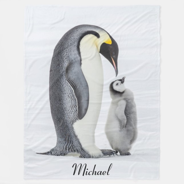 Cute Personalised Petting Penguin and Chick Fleece Blanket (Front)
