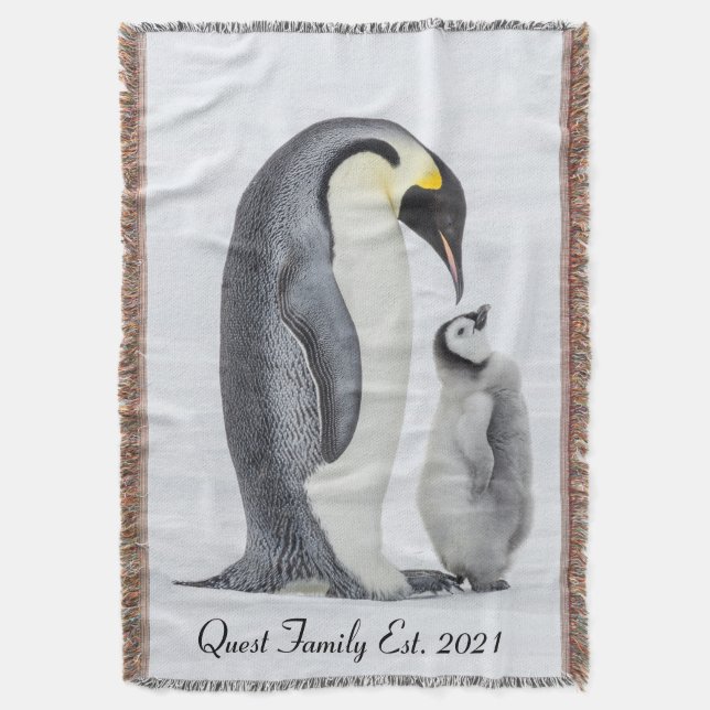 Cute Personalised Petting Penguin and Chick Throw Blanket (Front Vertical)