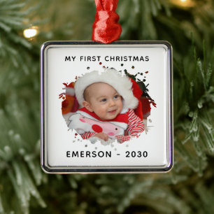 Cute Personalised Photo Name Year First Christmas Metal Tree Decoration