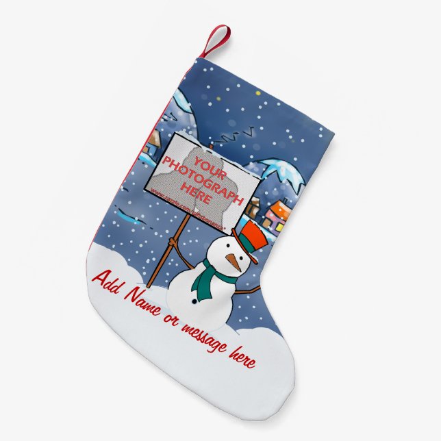 Cute personalised photo Xmas Snowman Small Christmas Stocking (Front (Hanging))