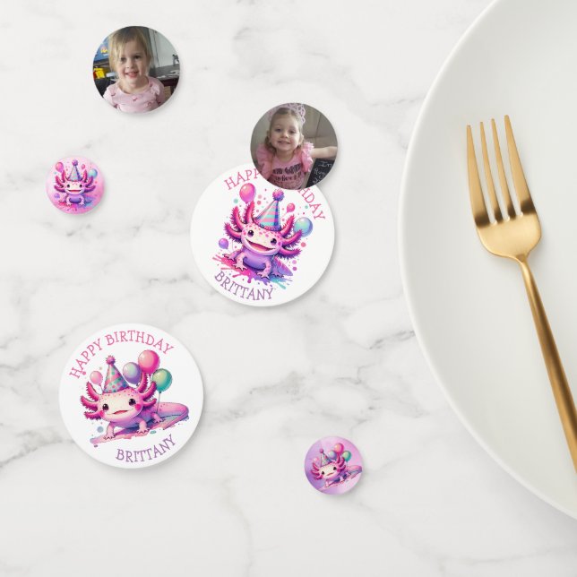 Cute Personalised Pink and Purple Axolotl Birthday Confetti (Group)