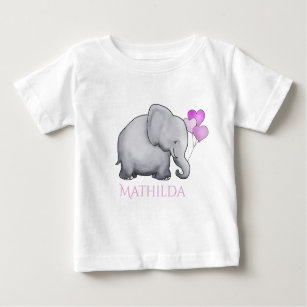 Cute Personalised Pink Baby Elephant with Balloons Baby T-Shirt