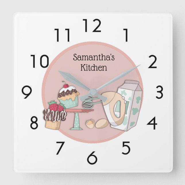 Cute Personalised Pink Cupcake Kitchen Wall Clock (Front)