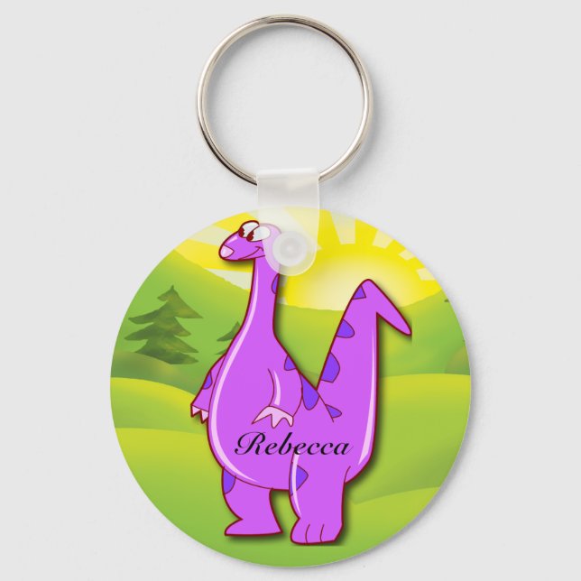 Cute Personalised Pink Dinosaur  cartoon Key Ring (Front)