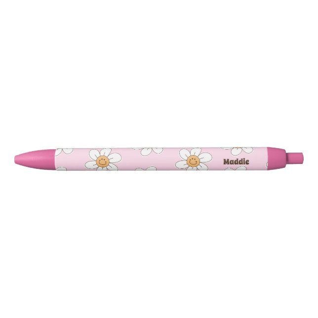 Cute Personalised Pink Flowers Black Ink Pen (Front)