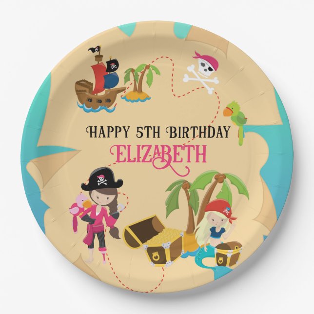 Cute Personalised Pink Girl Pirate Birthday Party Paper Plate (Front)