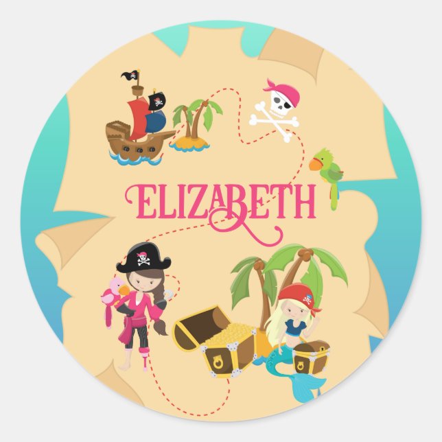 Cute Personalised Pink Pirate Girl Classic Round Sticker (Front)