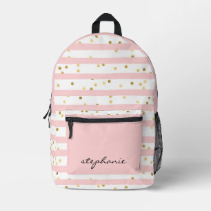 Cute Personalised Pink Stripe and Gold Confetti  Printed Backpack