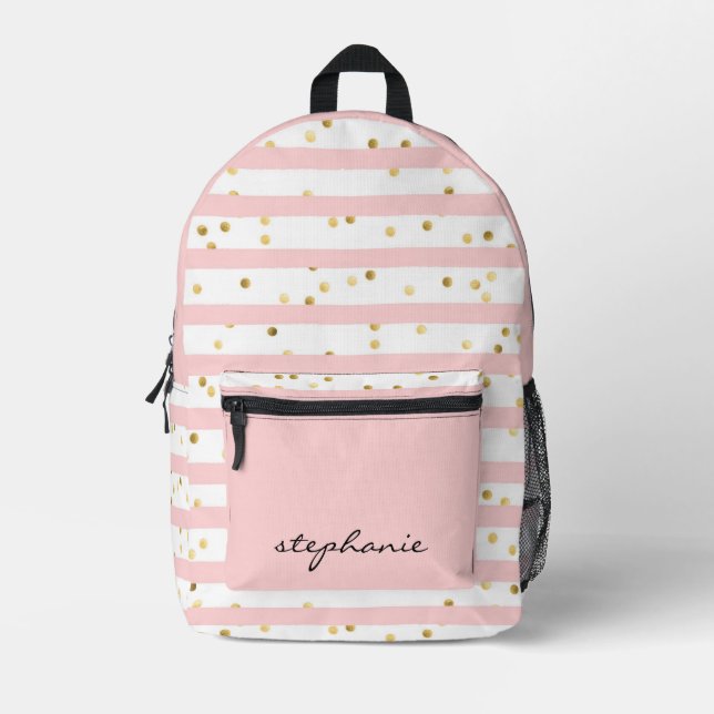 Cute Personalised Pink Stripe and Gold Confetti  Printed Backpack (Front)