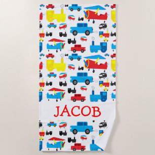 Cute Personalised Planes, Trains and Cars Pattern Beach Towel