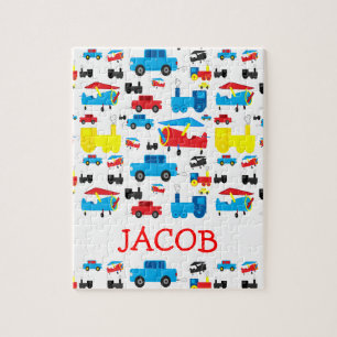 Cute Personalised Planes, Trains and Cars Pattern Jigsaw Puzzle