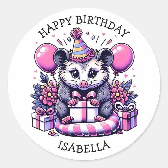 Cute Personalised Possum Girl's Birthday Party   Classic Round Sticker (Front)