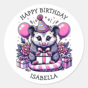Cute Personalised Possum Girl's Birthday Party   Classic Round Sticker