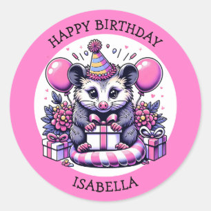 Cute Personalised Possum Girl's Birthday Party   Classic Round Sticker
