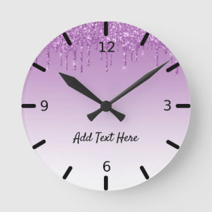 Cute Personalised Purple Dripping Glitter Round Clock