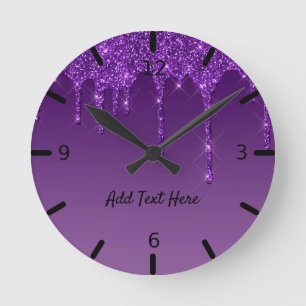 Cute Personalised Purple Dripping Glitter Round Clock