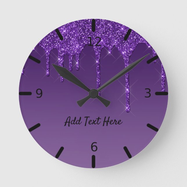 Cute Personalised Purple Dripping Glitter Round Clock (Front)