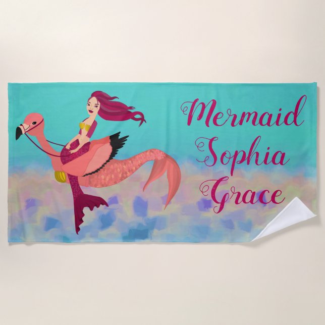 Cute Personalised Purple Mermaid & Pink Mermingo Beach Towel (Front)
