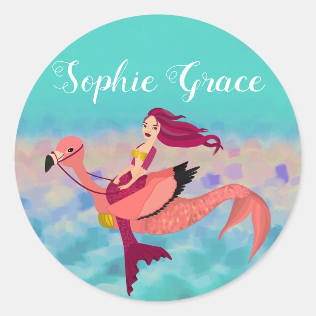 Cute Personalised Purple Mermaid & Pink Mermingo Classic Round Sticker (Front)