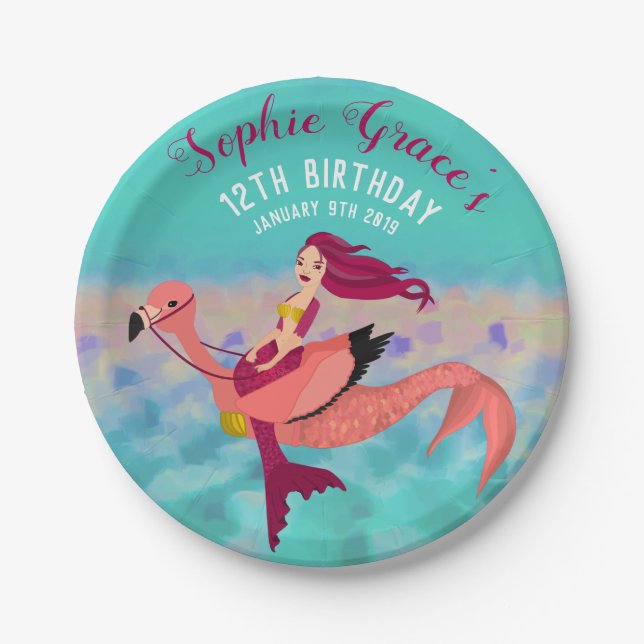 Cute Personalised Purple Mermaid & Pink Mermingo Paper Plate (Front)