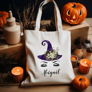 Cute Personalised Purple Witch Hat Halloween Tote Bag