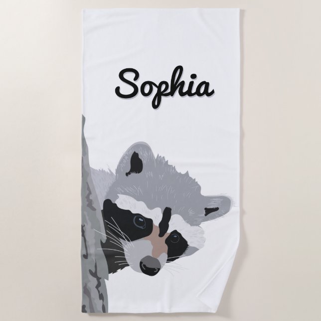 Cute Personalised Racoon Face Beach Towel (Front)