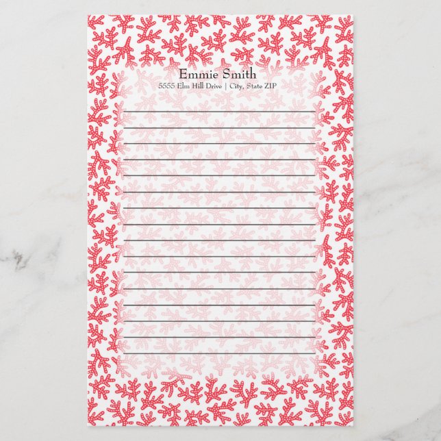 Cute Personalised Red and White Coral Ocean Theme Stationery (Front)