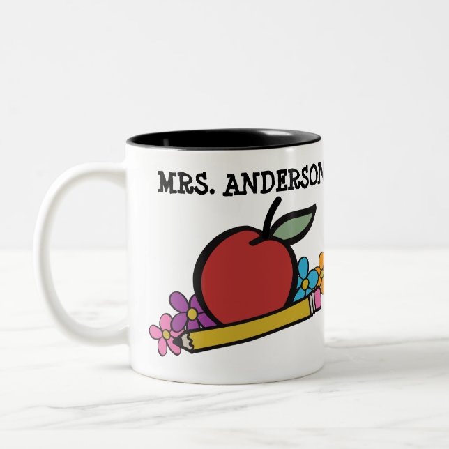 Cute Personalised Red Apple Pencil Teachers Two-Tone Coffee Mug (Left)