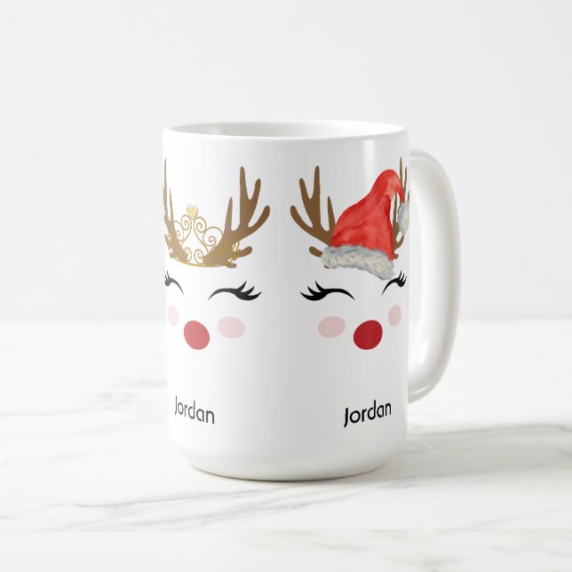 Cute Personalised Reindeer Face Santa Hat, Tiara Coffee Mug (Front Right)
