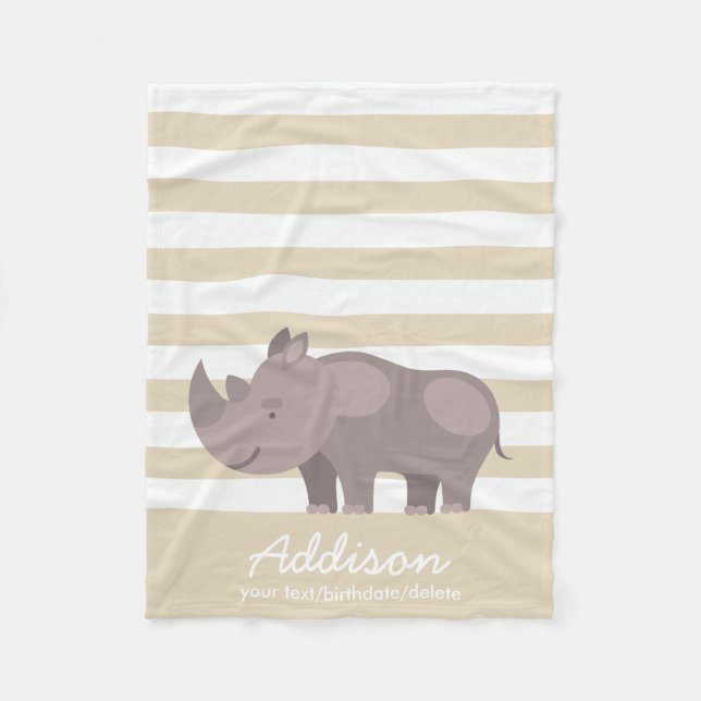 Cute Personalised Rhinoceros Jungle Tan Stripe Fleece Blanket (Front)