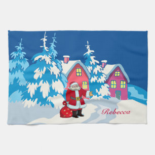 Cute Personalised Santa on a Snowy winter scene Tea Towel