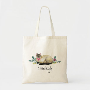 Cute Personalised Siamese Cat Purple Floral Leaves Tote Bag